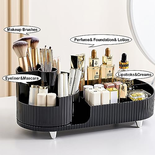Rotating Makeup Organizer for Vanity with Brush Holder, Cosmetic Makeup Storage Organizer, Large Spinning Makeup Skincare Organizer, Countertop Makeup Perfume Organizer, Lotions Display Case (Black) - color: Black