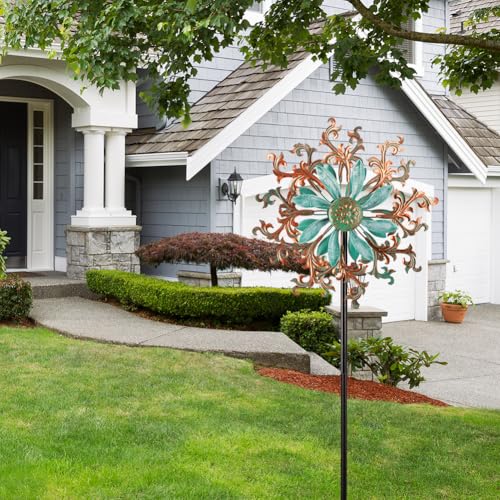 Viveta Wind Spinners Outdoor, Metal Wind Sculptures for Yard and Garden,13 * 57 "Double Windmill with Stable Stake - color: 2-copper Green-b