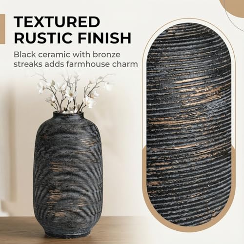 Large Ceramic Vase, Farmhouse Flower Vase for Home Decor - Rustic Vintage Table Vase for Living Room, Kitchen, Bedroom, Office, Bookshelf, Coffee or Dining Table Decor（10.8“ Black Bronze） - color: Black Bronze-10.8"tall, size: 10.8"-Cylinder