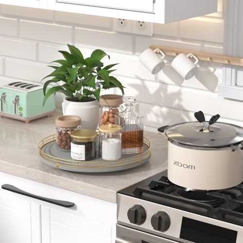12" Wooden Lazy Susan Turntable for Cabinet – Roud Rotating Spice Rack Organizer, Gray Kitchen Countertop Tray for Dining Table & Pantry Storage （Gray & Gold） - color: Gray & Gold, size: 12