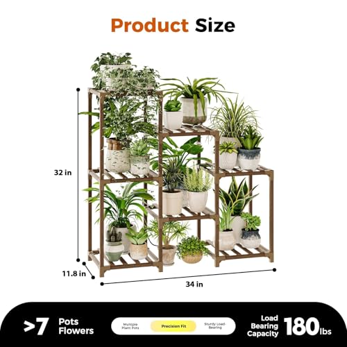 Bamworld Plant Stand with Grow Light Plant Shelf for Mutiple Pots 3 Tiers Ladder Plant Holder for Living Room Patio Boho Home Decor for Gardening Warm Light