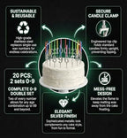 20 PCS (2 Sets) Reusable Number Candle Holder Set for Birthday Cakes - Metal Number Candle Holders Stand - Silver Cake Topper Decorations