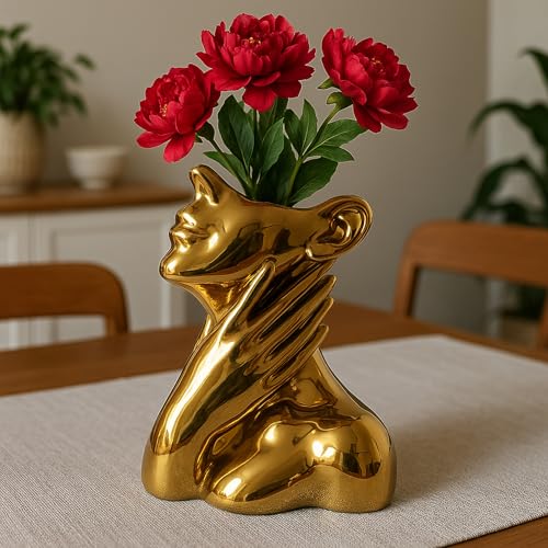 Face Vase Unique Ceramic Vase for Room,Office,Home Decor,Gold,B - style: Gold-B