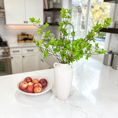 12 Inch Tall White Ceramic Vase, with 5 Branches of 25 Inch Faux Artificial Vibrant Greenery Stems Set, Textured Minimalist Jug, Fake Stem Plants, Decorative Farmhouse, Console Table Centerpiece Decor - color: Sandy White