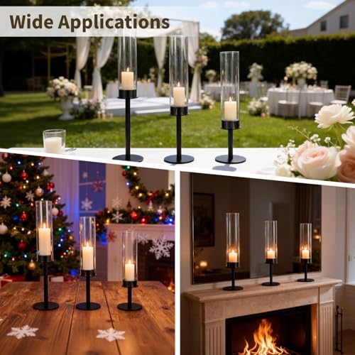 3 Pcs Black Hurricane Candlestick Holders, Metal Taper Candle Holder Set, Tall Glass Cylinder Design, 13.97 to 18.7 in Decorative Table Centerpieces for Wedding, Dining, and Fireplace