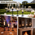 3 Pcs Black Hurricane Candlestick Holders, Metal Taper Candle Holder Set, Tall Glass Cylinder Design, 13.97 to 18.7 in Decorative Table Centerpieces for Wedding, Dining, and Fireplace
