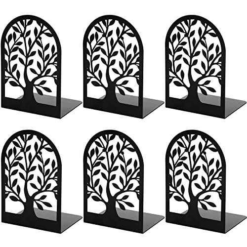 Umikk Book Ends, Bookends for Shelves, Tree Book End to Hold Books, Metal Bookend Stopper, Non-Skid Book Holder, Black Book Supports for Office Home Kitchen, Modern Decorative Bookends(3 Pair/6 Pcs)