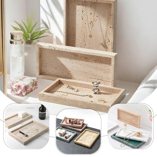 Natural Marble Tray, Stone Tray for Bedroom/Bathroom/Kitchen/Vanity Countertop, Jewelry Tray for Rings Earrings Necklace Bracelet Watch, Room Decor Aesthetic - color: Beige Travertine, size: 11.8" x 7.9" x 1.2"