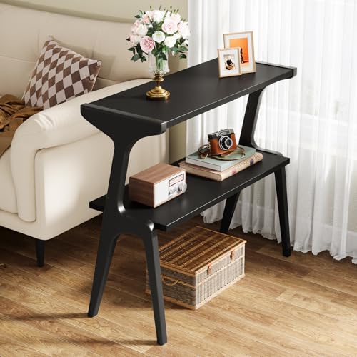 Tribesigns Solid Wood End Table, Modern Side Table for Couch, 2-Tier Narrow Tall End Table, Long Bedside Table for Living Room, Bedroom, Black - color: Black