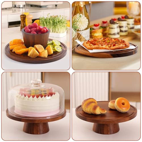 Acacia Wood Cake Stand with Glass Lid – 12" Magnetic Base, Detachable Serving Tray for Cake, Cheese, Charcuterie, Snacks & Desserts – Wooden Cake Holder for Parties & Kitchen Display
