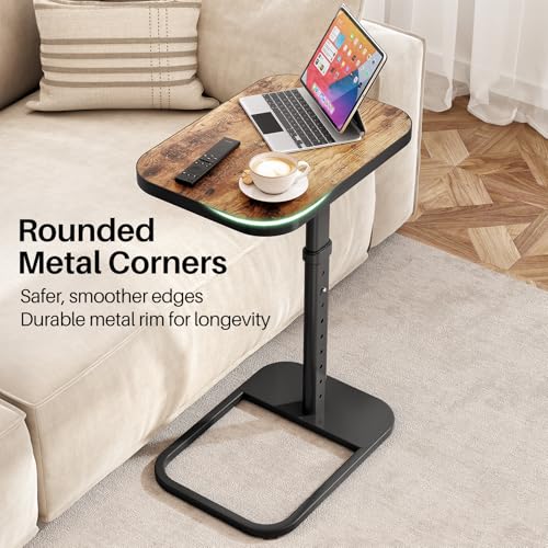 Kitstorack TV Tray Table, Adjustable Height & Flip-Top & Rounded Metal Corners, Snack Table for Couch, Sofa, Bed, Chair, Living Room, C Shaped End Side Table for Eating, Dinner or Laptop, Small Spaces - color: Brown, style: Standard