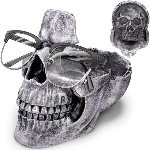 READAEER Skull Glasses Stand Holder, Creative Eyeglasses Holder, Sunglasses Spectacle Display Rack, Key Holder Resin Sculptures for Entryway, Home, Office, Desk, Nightstand (Silver) - color: Silver