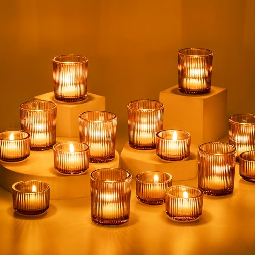 Glass Votive Tealight Candle Holder: Glasseam Amber Ribbed Tea Lights Candle Holder Bulk 24 Small Tea Candle Holder Fall Candle Holders for Table Centerpiece Thanksgiving Christmas Wedding Decor - color: Amber