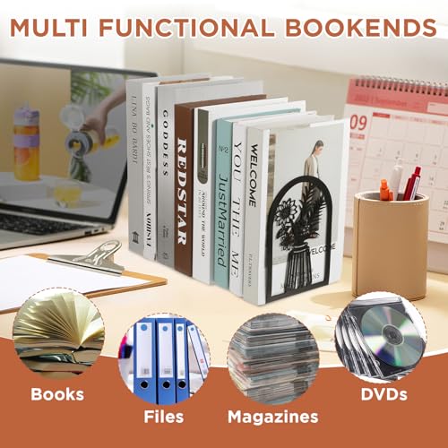 3 Pair Decorative Book Ends for Shelves, Metal Bookends, Heavy Duty Non-Slip Book Stopper for Heavy Books, Shelf Holder Supports for Home Office