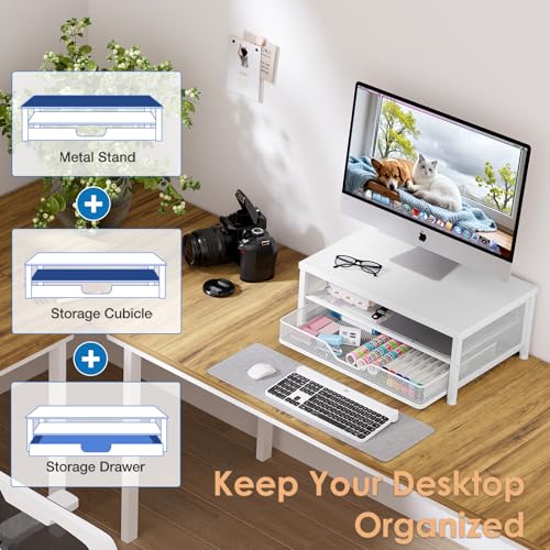OPNICE Computer Monitor Stand Riser, Desk Organizer with Drawer, Laptop Stand, Office Desk Accessories & Workspace Desktop Organizers Storage for Office Supplies(White) - color: White