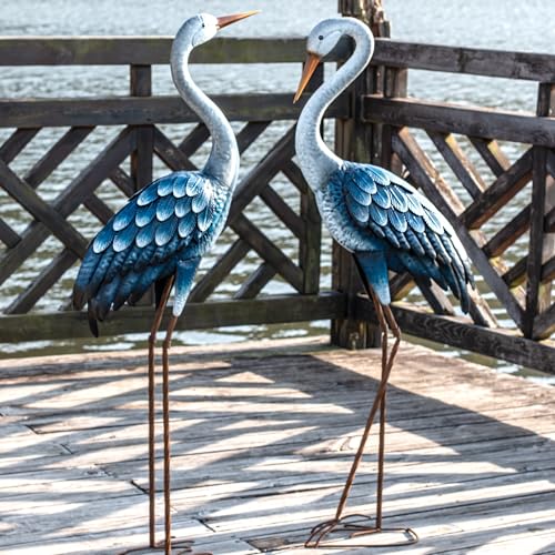 Kircust Outdoor Blue Heron Statues Metal Garden Crane Sculptures, Bird Yard Art Large 47-48 Inch, Set of 2, for Pond & Lawn Garden Decor, Gifts for Women, Men, Friends - color: Blue