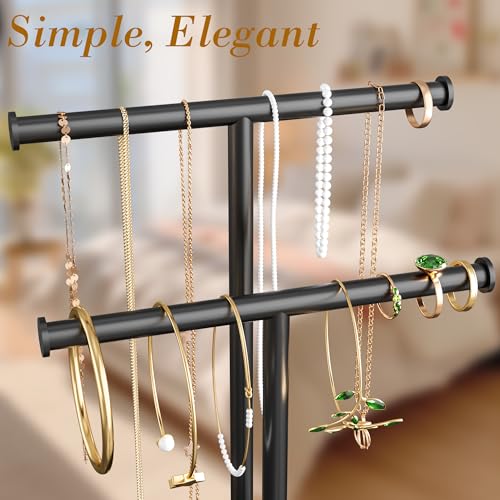 Necklace Rack Stand with Storage Tray - 2 Rods T-Shaped Jewelry Holder Stand for Bracelets, Earrings, Rings | Elegant Vanity & Dresser Top Storage for Women, Black. - color: Black