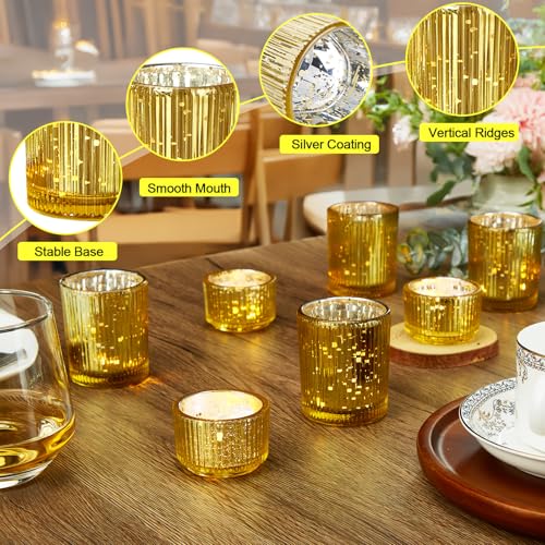 IMAGE Votive Gold Candle Holders, Elegant Glass Tea Light Holder for Weddings, Diwali, Home Decor, Shower, Party & Gift (12)