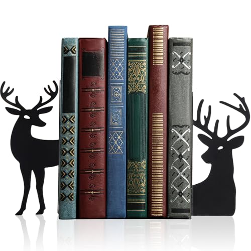 Geelin Reindeer Metal Bookends Set of 2 Black Reindeer Head Christmas Book Ends for Shelves Elk L Shaped Book Organizer for Desk Organizer Deer Lovers and Reading Enthusiasts - style: Christmas Reindeer