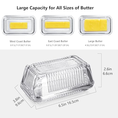 Clear Glass Butter Dish with Lid for Countertop, 6.5" Crystal Butter Dish with Cover, Covered Butter Tray for Refrigerator - size: 6.5inch