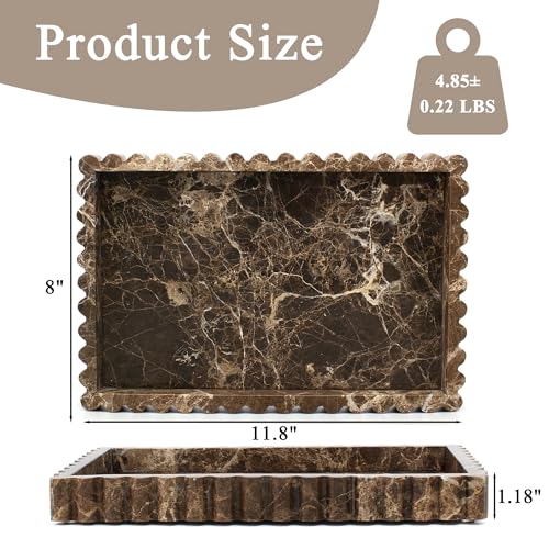 YMXYJM Natural Marble Tray for Bathroom, Real Stone Decorative Vanity Tray with Fluted Edge, Large Marble Serving Storage Tray for Kitchen Counter, Dresser, Home Decor, 11.8" x 8", Dark Brown - color: Dark Brown