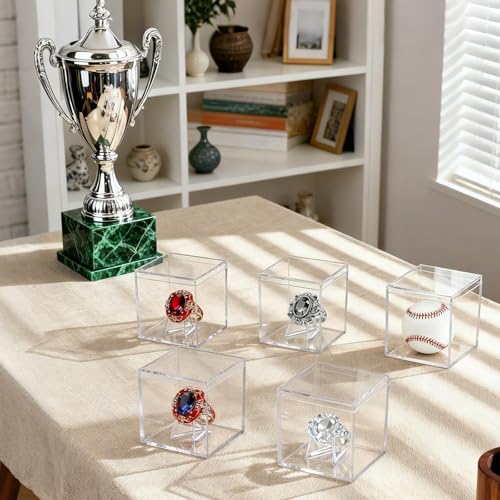 Championship Ring Display Case, Clear Acrylic Challenge Coin Holder Small Showcase with Mini Card Stand Holder, Memorabilia Box for Baseball, Super Bowl, Football Ring, Collectibles Jewelry (32)