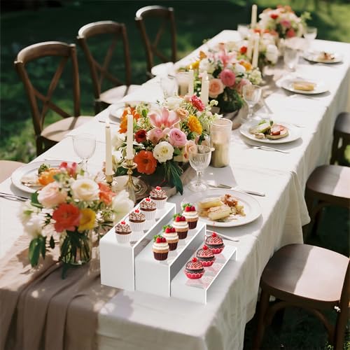 6 PCs Risers Display Stands 3 Tiers Desktop Acrylic Shelves Cake Dessert Holder Products Stand for Collectibles Shoes Jewels Pop Figure (White) - color: White