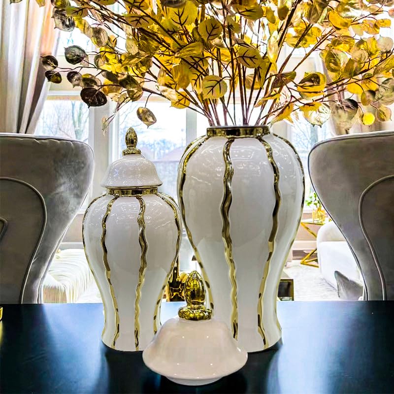 Ginger Jar, White Gold Ceramic Vase Large Handmade Porcelain Vases with Lid, White Gold Decorative Flower Vase for Home, Living Room, Weddings, Centerpieces (14in with Lid) - size: A-Gold-Medium