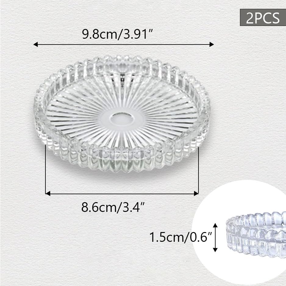 2PCS Clear Glass Pillar Candle Plates，Round Glass Candle Holder，Small Candle Holders for Pillar Glass 3" for Dinning Wedding Party Table Centerpiece