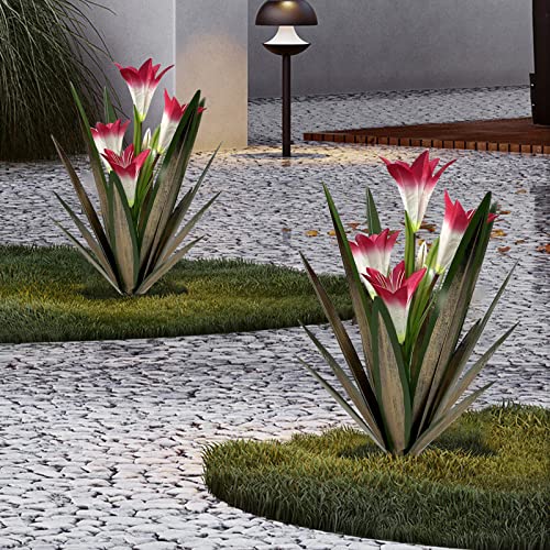 Homight Metal Agave Plant Outdoor Decoration Lily Mexican Yard Art Garden Gift Home Decor Hand Painted Metal Agave Garden Yard Statue, Outdoor Lawn Ornaments (2 Big Red Lilies) - color: 2 Big Red Lilies