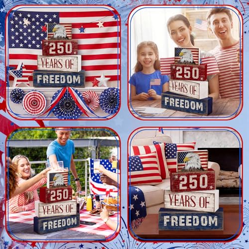 4 Pcs 250th Anniversary 4th of July Decorations USA Patriotic Memorial Day Tabletop Decorations Eagle Red White Blue Table Centerpieces American Flag Sign for Office Tiered Tray Home Shelf Party - style: Eagle Flag