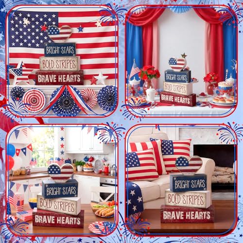 CroBlissful 4 Pcs 4th of July Decorations Patriotic Memorial Day Tabletop Decorations Red White Blue Table Centerpieces Sign for Office Tiered Tray Home Shelf 250th Anniversary(Brave Heart) - style: Brave Heart