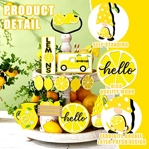 12 Pcs Lemon Tiered Tray Decor Set Gnome Fresh Lemonade Wooden Sign Yellow Lemon Wood Blocks Standing Sign Summer Tray Decor for Home Summer Kitchen Table Decoration - style: Lemon