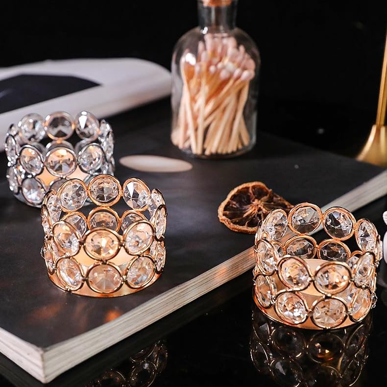 Crystal Tea Light Candle Holders，Gold Candlestick Holders for Wedding Party Table Decoration Housewarming Gift（2pcs）