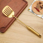 Premium 7-Piece Gold Kitchen Utensil Set with Stand, Stainless Steel Cooking Tools- Dishwasher Safe Ladle, Spoon, Spatula, Pasta Fork, Luxury Brass Kitchen Accessories for Home Chefs (Gold) - color: Gold