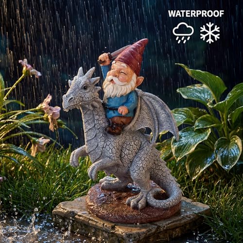 EXYGLO Gnome Garden Statue Decor, 9.7" Gnome Riding Dragon Outdoor Funny Decoration for Lawn, Patio, Yard, and Unique Housewarming, Birthday Ornament Gift for Boys, Friend, Family