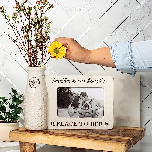 youngs Inc Ceramic Bee Vase w/Photo Frame, White, Black, 11.25" Length x 3.00" Width x 8.00" Height - color: Vase Photo Frame