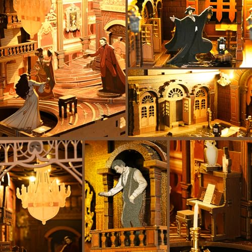 MiniCity DIY Book Nook Kit for Adults, 3D Wooden Puzzle Bookend Bookshelf Insert Decor with LED Light and Dust Cover (Phantom of The Opera) - style: Phantom of The Opera