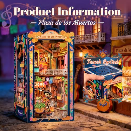 Fsolis Book Nook Kit Día De Muertos - 3D Wooden Puzzles for Adults DIY Miniature House Bookshelf Decor Decorative Bookends Gifts for Women Book Lovers (Plaza de Los Muertos) - style: Plaza de Los Muertos