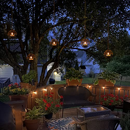 Solar Hanging Lanterns Outdoor Waterproof, Rust Iron Ball Candle Holder with Flickering Solar Powered Tea Lights, Perfect Chargeable Solar Lights for Backyard Patio Garden Fence Tree Decoration-4Pack - style: 4PK Hanging Lights