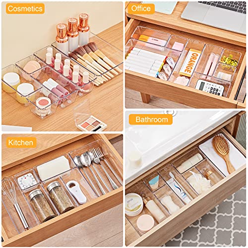 SMARTAKE 28 Piece Drawer Organizers with Non-Slip Silicone Pads, 4-Size Desk Drawer Organizer Trays Storage Tray for Makeup, Jewelries, Utensils in Bedroom Dresser, Office and Kitchen, Clear - size: 28 PCS