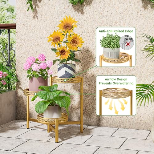 Metal Plant Stand Indoor Outdoor, 3 Tier Corner Plant Shelf for Multiple Plants, Gold Tiered Plant Stand, Heavy Duty Flower Holder, Folding Tall Rack for Garden Patio Balcony - GoldWave - color: GoldWave, size: 3-Tiers
