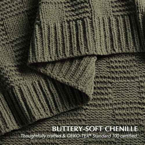 EVERGRACEHOME Modern Checkered Chenille Throw Blanket, Soft Cozy Plaid Knitted Chair Blanket for Sofa Couch, Decorative Knit Throw for Bed and Living Room, Olive Green, 50" x 60" - color: Checkered Olive Green, size: 50" x 60"