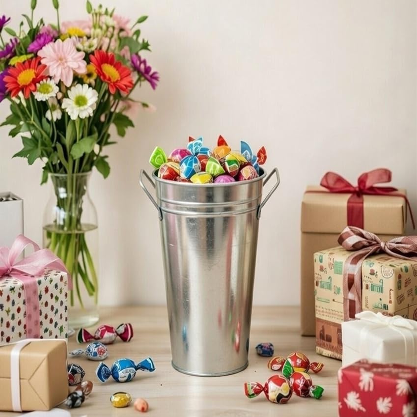 Hosley Set of 3 Galvanized French Bucket Vase with Handles 5" Dia x 9" H Ideal for Farmhouse Dried Floral Arrangements at Home for Weddings Gifts Spa and Aromatherapy Settings O5 - color: Galvanized 6