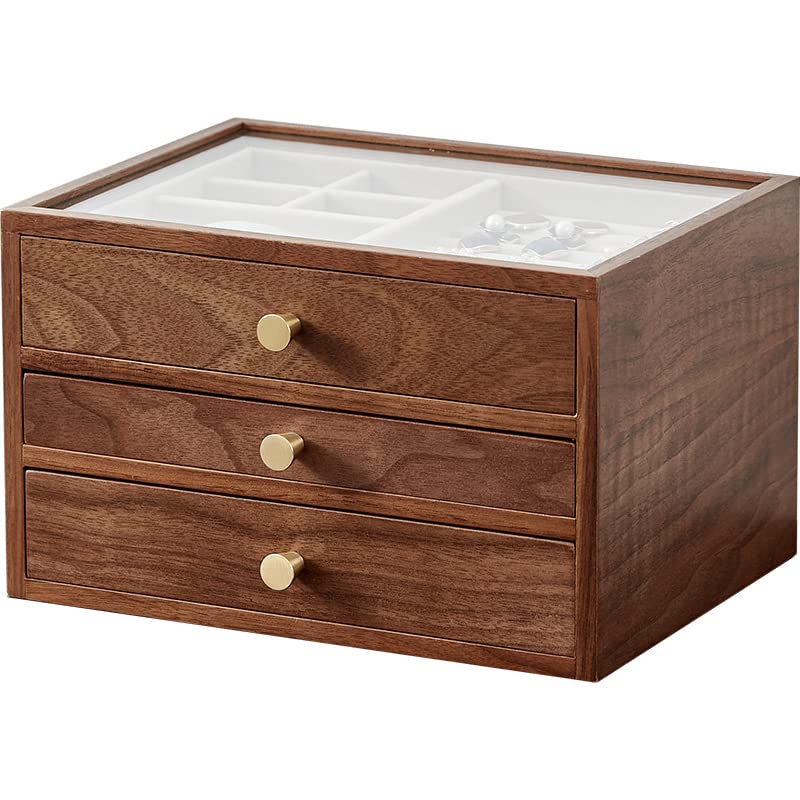 CHOSIN Black Walnut Wooden Jewelry Box for Women, 3-Layer Wood Jewelry Organizer with Glass Lid for Watches, Necklaces, Rings & Earrings Storage Mothers Day Gifts for Mom - style: 3 Layer