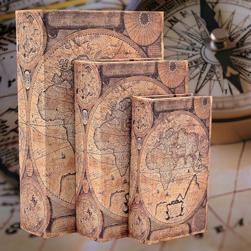 Bellaa Decorative Book Box Antiques Vintage Retro Invisible Secret Storage Faux Leather Wood Magnetic Set of 3 (A Antique Map) - style: A Antique Map