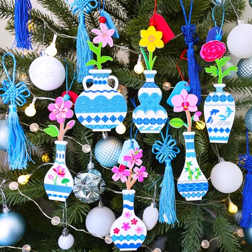 Winlyn 24 Sets Chinese New Year Decorations DIY Ming Vase with Flower Ornaments Craft Kits Peony Orchid Flower Foam Stickers Arts and Crafts for Kids Asian Oriental Classroom Activities Party Favors