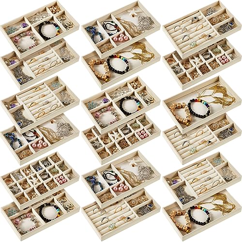 Junkin 18 Pcs Velvet Jewelry Tray, Stackable Jewelry Organizer Trays for Drawer, Jewellery Box Divided Display Tray, Jewelry Inserts for Drawer for Rings Earring Bangle Necklaces(Beige) - color: Beige