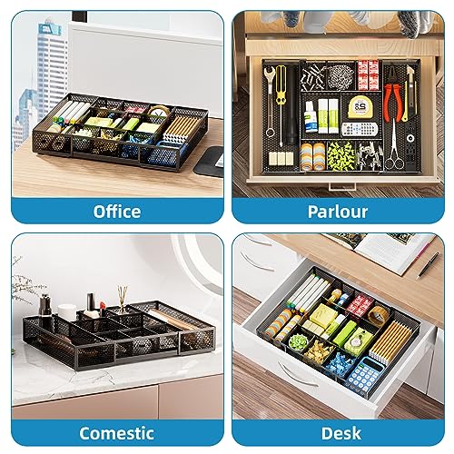 Marbrasse Expandable Desk Drawer Organizer, Mesh Drawer Organizer Tray with 10 Adjustable Compartments, Desk Organizers and Accessories for Office Supplies, Makeup & Vanity (Expandable Black-2 pack) - color: Black-2P