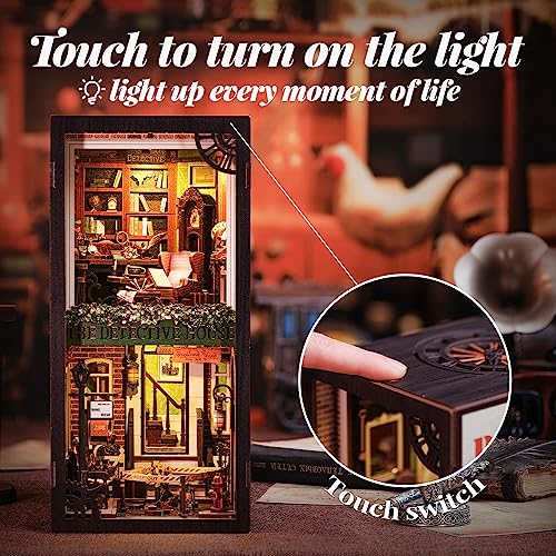 Cutefun Book Nook Kit, DIY Miniature Dollhouse Booknook for Adults, 3D Wooden Puzzle Bookend Bookshelf Insert Decor with LED Light, Gift for Craft Lovers (Rose Detective Agency) - style: Rose Detective Agency